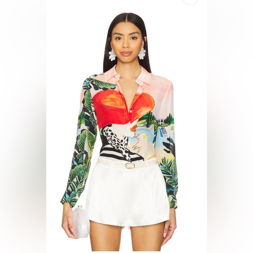 Alice + Olivia Tropical Print Silk Button-Up Blouse in Red, Green, Black, White